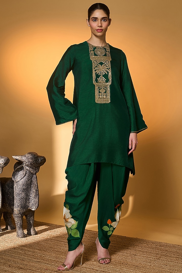 Bottle Green Raw Silk Embroidered Kurta Set by Masaba at Pernia's Pop Up Shop