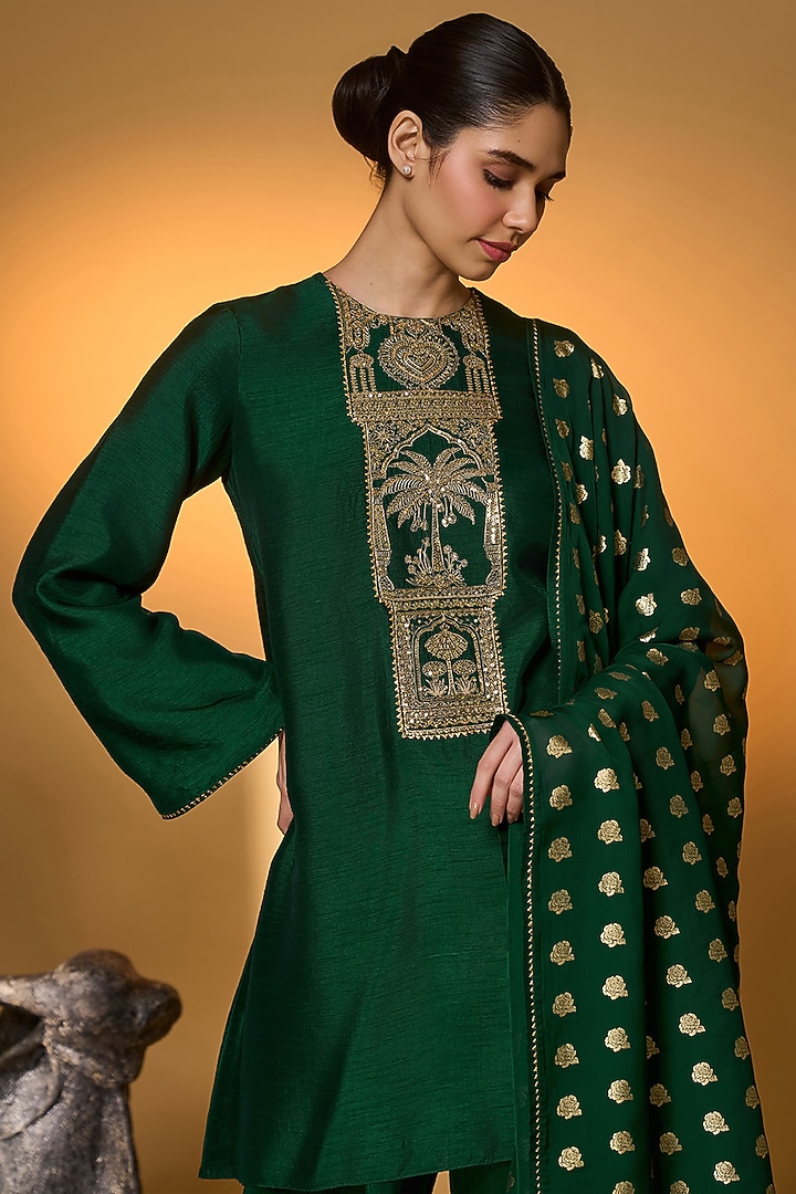 Bottle Green Raw Silk Embroidered Kurta Set by Masaba at Pernia's Pop Up Shop