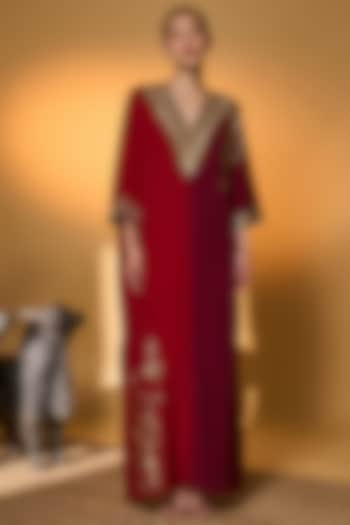 Red & Plum Crepe Silk Foil Floral Motif Kaftan by Masaba at Pernia's Pop Up Shop
