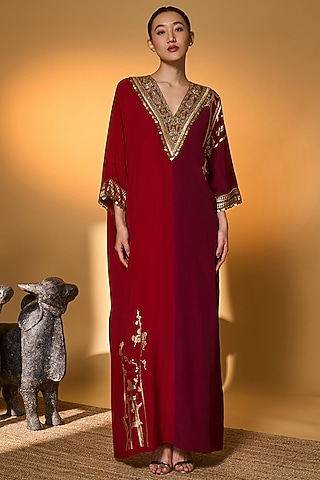 Red & Plum Crepe Silk Foil Floral Motif Kaftan by Masaba