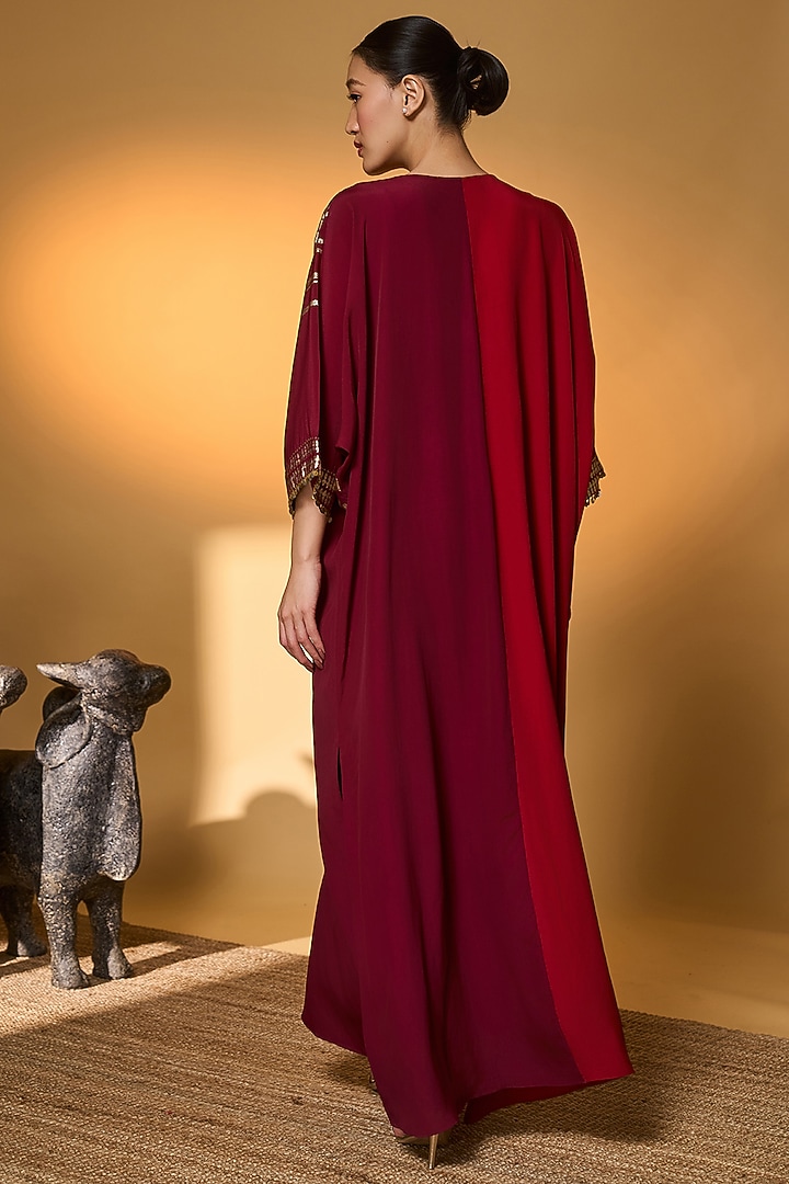 Red & Plum Crepe Silk Foil Floral Motif Kaftan by Masaba at Pernia's Pop Up Shop