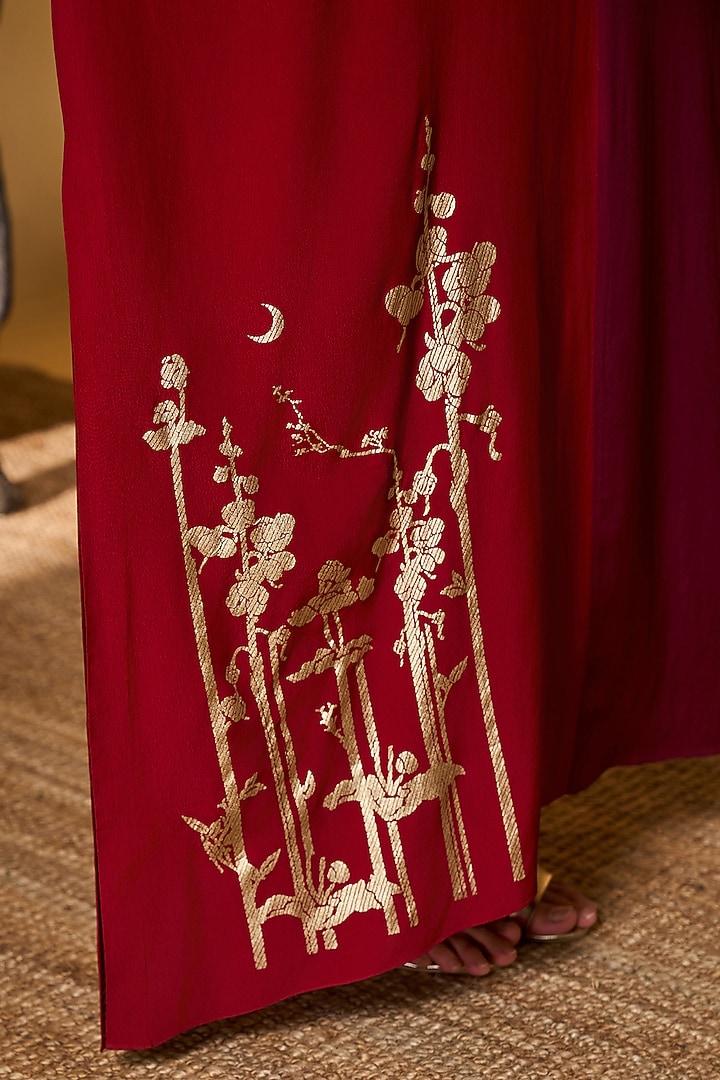 Red & Plum Crepe Silk Foil Floral Motif Kaftan by Masaba at Pernia's Pop Up Shop