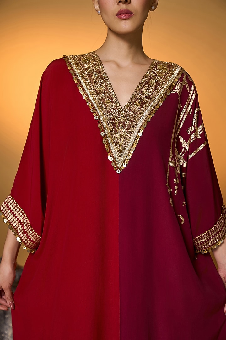 Red & Plum Crepe Silk Foil Floral Motif Kaftan by Masaba at Pernia's Pop Up Shop