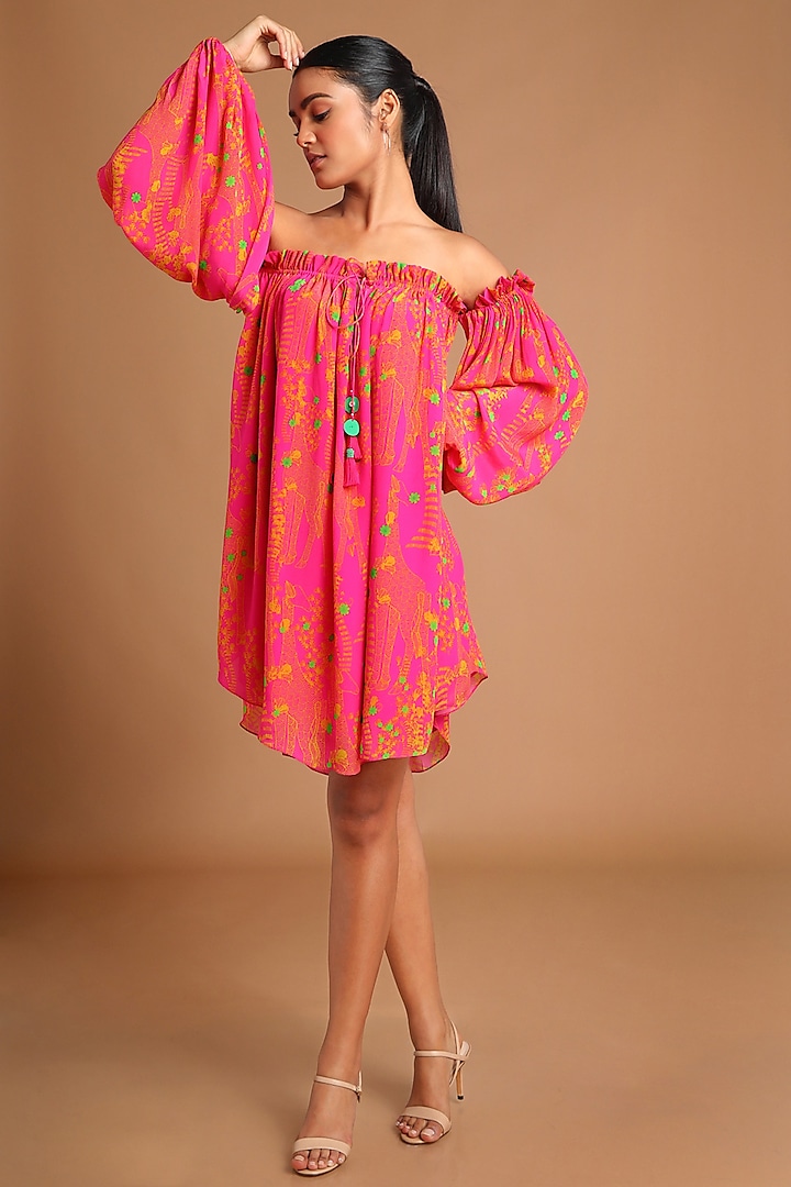 Pink Printed Off Shoulder Dress by Masaba