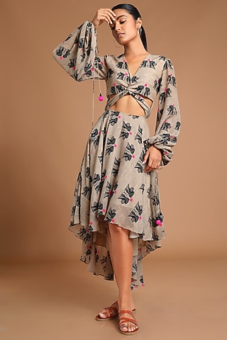 Tan Printed High-Low Dress by Masaba