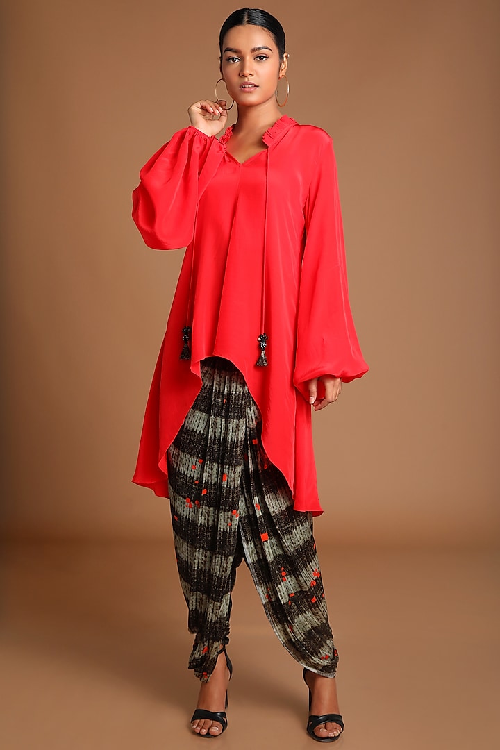 Red Top With Printed Dhoti by Masaba