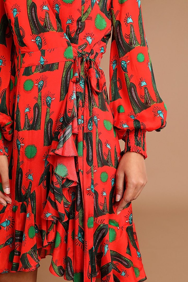 Red Printed Wrap Vacation Dress by Masaba at Pernia's Pop Up Shop