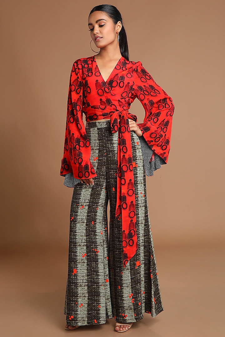 Red Printed Wrap Top With Brown Pants by Masaba