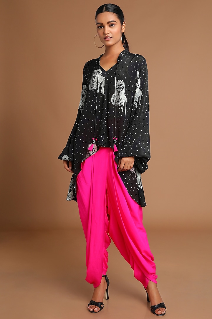 Black Printed Top WIth Hot Pink Dhoti Pants by Masaba