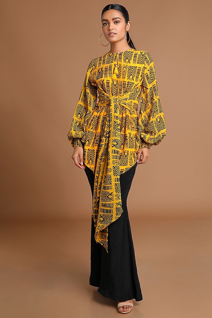 Mustard Yellow Printed Top With Tie-Up by Masaba at Pernia's Pop Up Shop