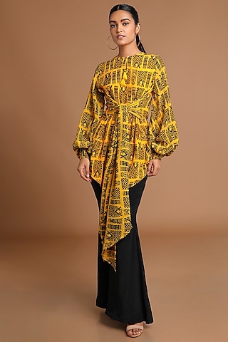 Mustard Yellow Printed Top With Tie-Up by Masaba