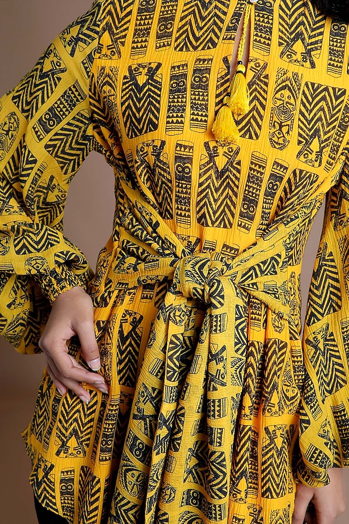 Mustard Yellow Printed Top With Tie-Up by Masaba at Pernia's Pop Up Shop