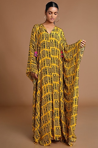 Mustard Yellow Printed Kaftan With Slip by Masaba