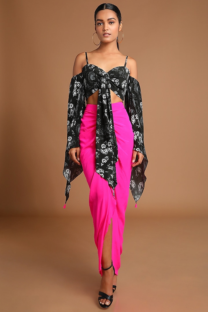 Black Printed Top With Hot Pink Skirt by Masaba