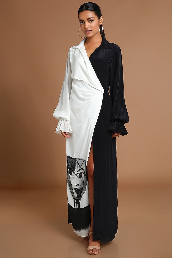 Black & Ivory Printed Draped Dress by Masaba at Pernia's Pop Up Shop