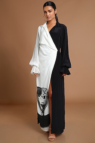Black & Ivory Printed Draped Dress by Masaba