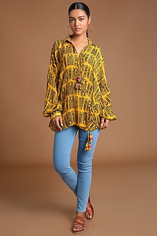 Mustard Yellow Printed Wrap Shirt by Masaba