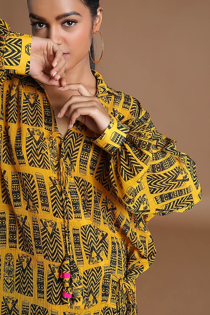 Mustard Yellow Printed Wrap Shirt by Masaba at Pernia's Pop Up Shop