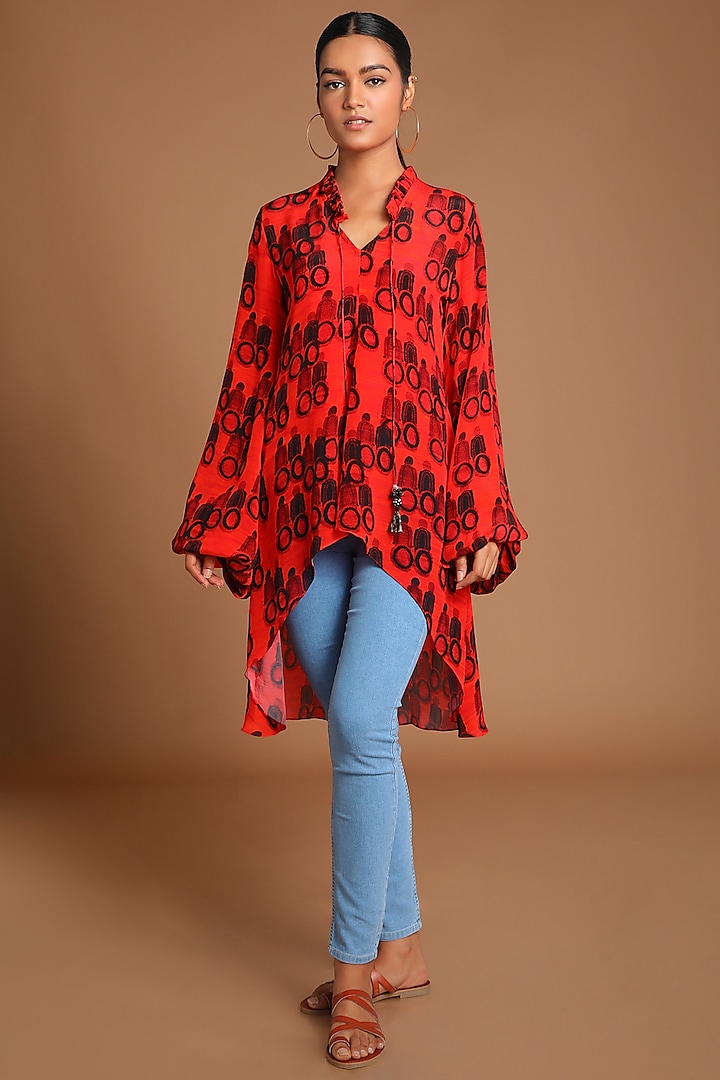 Red Printed High-Low Top by Masaba