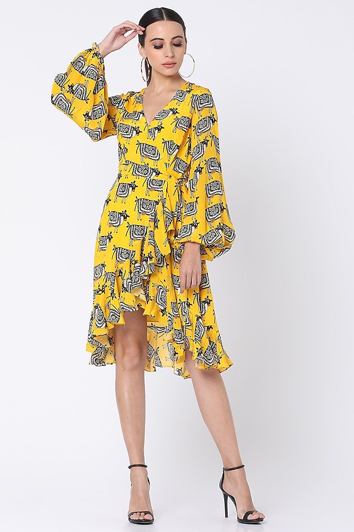 Yellow Printed Wrap Dress by Masaba
