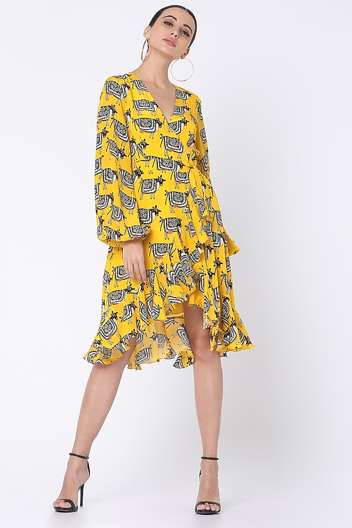 Yellow Printed Wrap Dress by Masaba at Pernia's Pop Up Shop