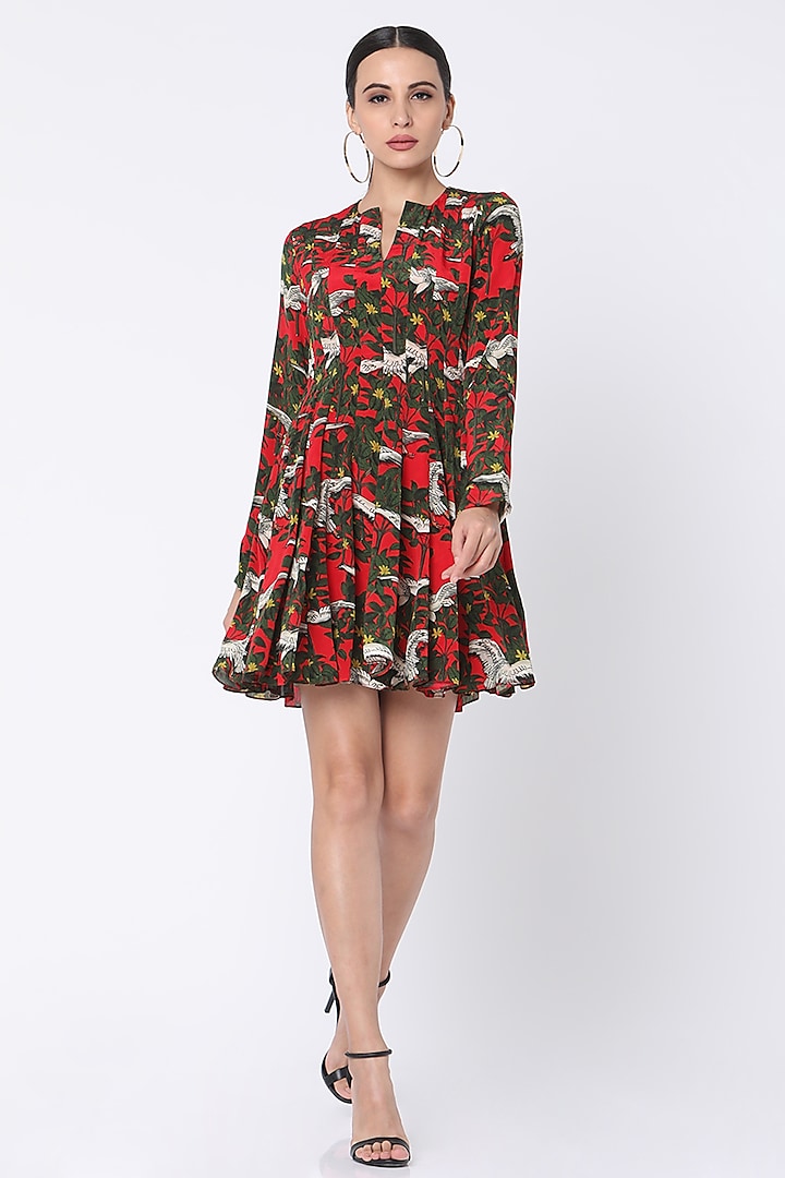 Red Printed Dress With Patch Pockets by Masaba