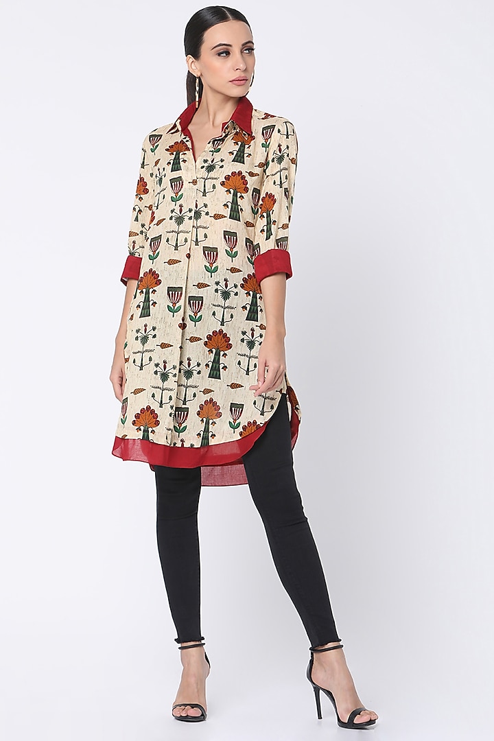 Beige Printed Double Shirt by Masaba