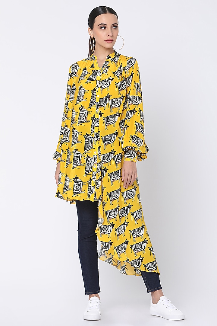 Yellow Printed Shirt With Tassels by Masaba