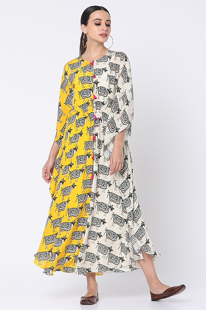 Yellow & Ivory Printed Kaftan by Masaba at Pernia's Pop Up Shop
