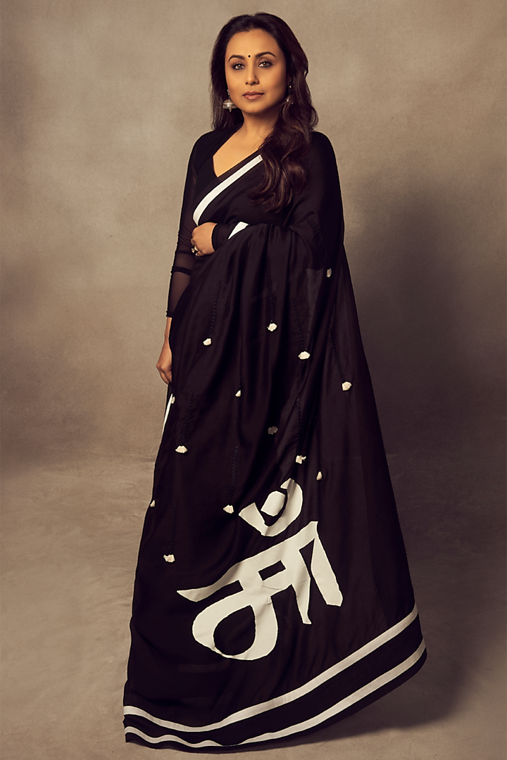 Black Chanderi Mul Printed Saree Set by Masaba