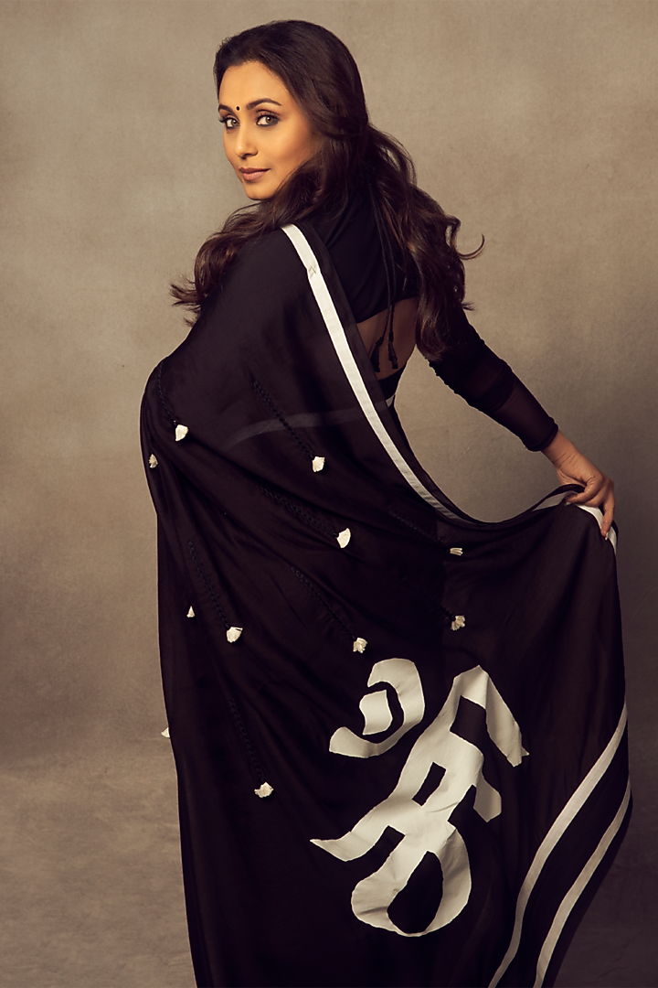 Black Chanderi Mul Printed Saree Set by Masaba at Pernia's Pop Up Shop