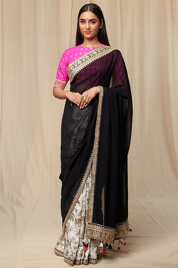 Ivory & Black Raw Silk Printed Saree Set by Masaba