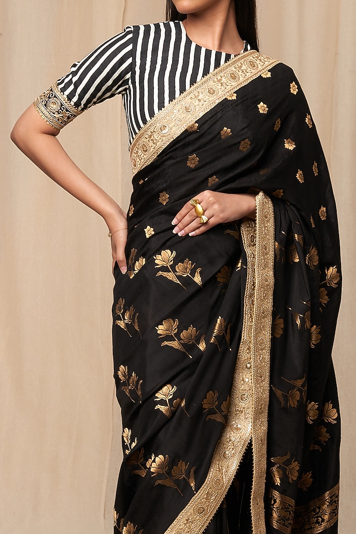 Black Silk Printed Saree Set by Masaba at Pernia's Pop Up Shop