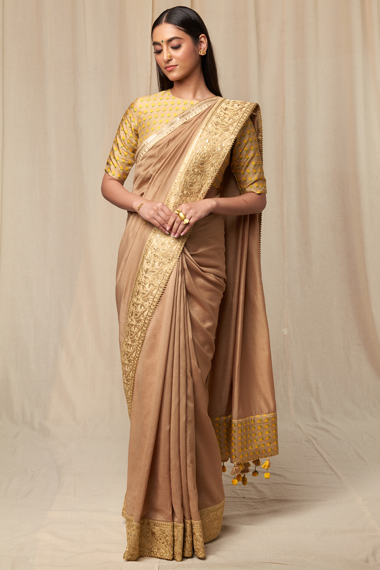 Beige Chanderi Silk Printed Saree Set by Masaba