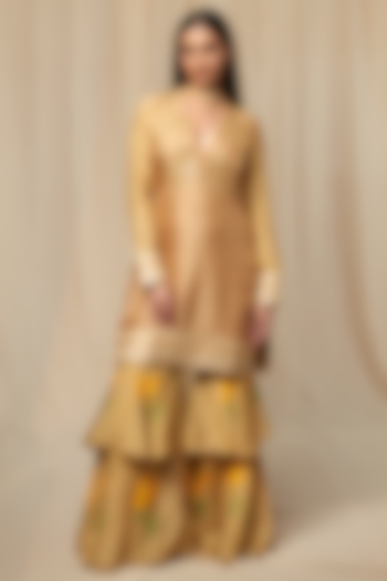 Beige Raw Silk Printed Gharara Set by Masaba at Pernia's Pop Up Shop