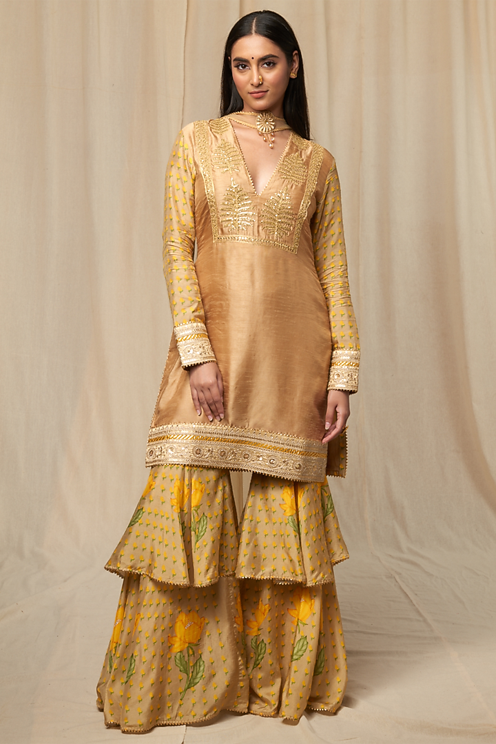 Beige Raw Silk Printed Gharara Set by Masaba at Pernia's Pop Up Shop