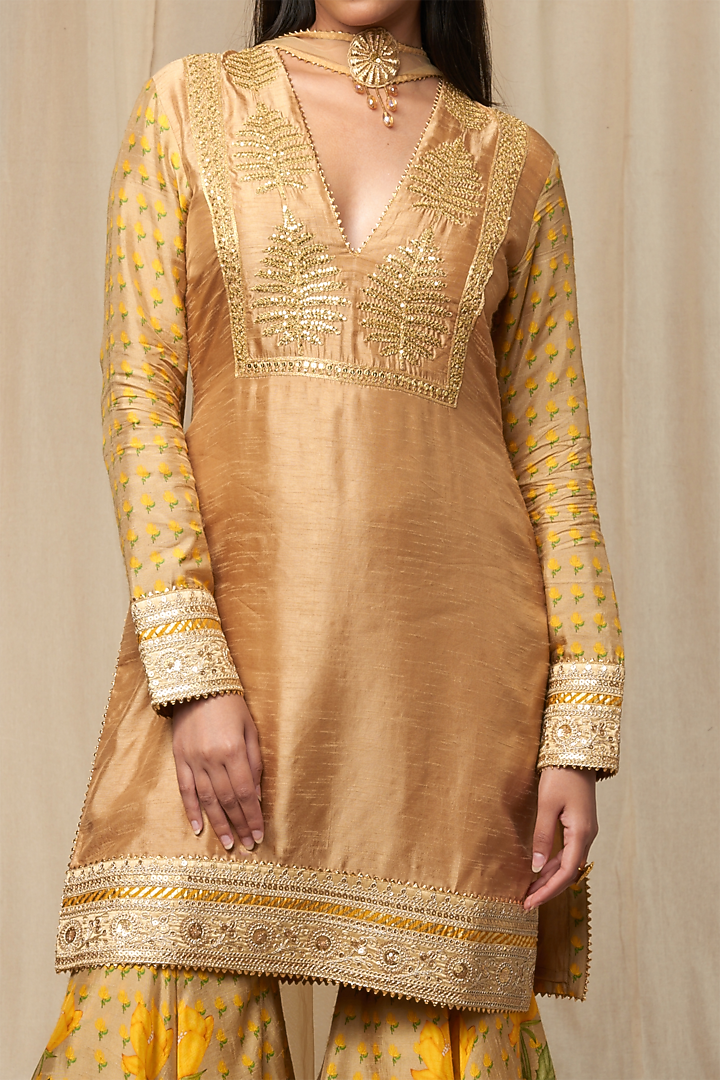 Beige Raw Silk Printed Gharara Set by Masaba at Pernia's Pop Up Shop