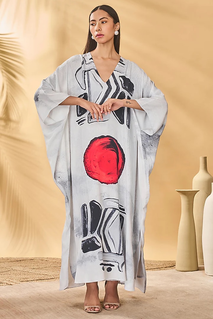 White Crepe Silk Placement Printed Kaftan by Masaba at Pernia's Pop Up Shop