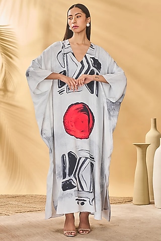 White Crepe Silk Placement Printed Kaftan by Masaba