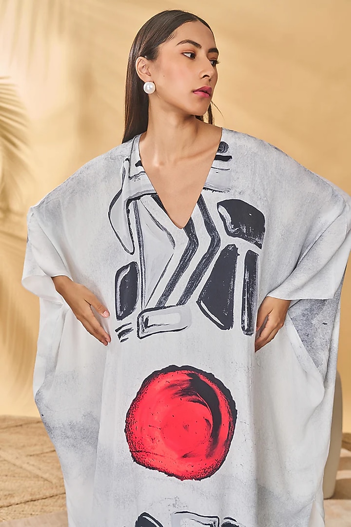 White Crepe Silk Placement Printed Kaftan by Masaba at Pernia's Pop Up Shop