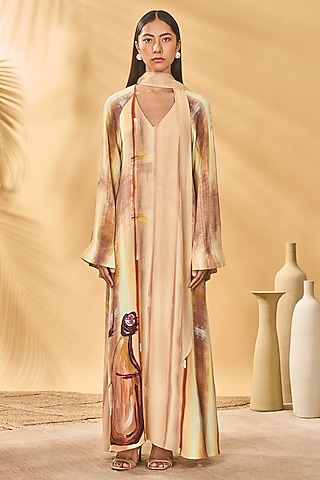 Beige Viscose Crepe Printed Reversible Kaftan by Masaba