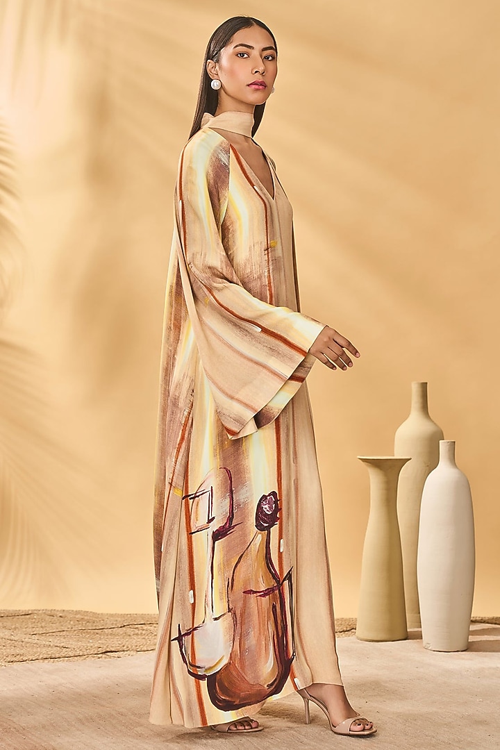 Beige Viscose Crepe Printed Reversible Kaftan by Masaba at Pernia's Pop Up Shop