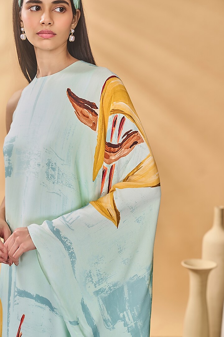 Blue Crepe Silk Printed Asymmetrical Kaftan by Masaba at Pernia's Pop Up Shop