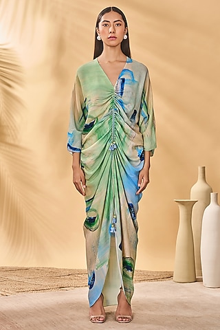 Blue & Green Crepe Silk Printed Ruched Kaftan by Masaba