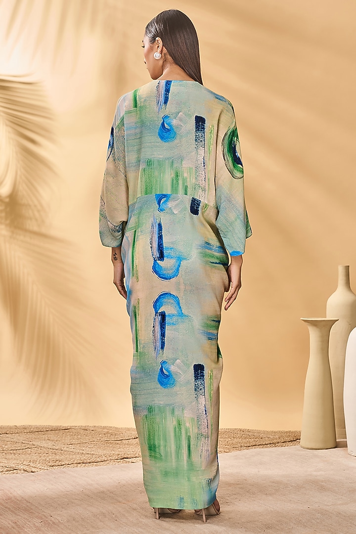 Blue & Green Crepe Silk Printed Ruched Kaftan by Masaba at Pernia's Pop Up Shop