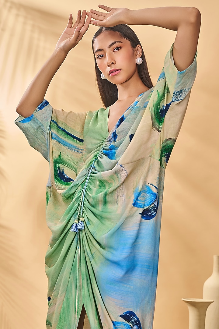 Blue & Green Crepe Silk Printed Ruched Kaftan by Masaba at Pernia's Pop Up Shop