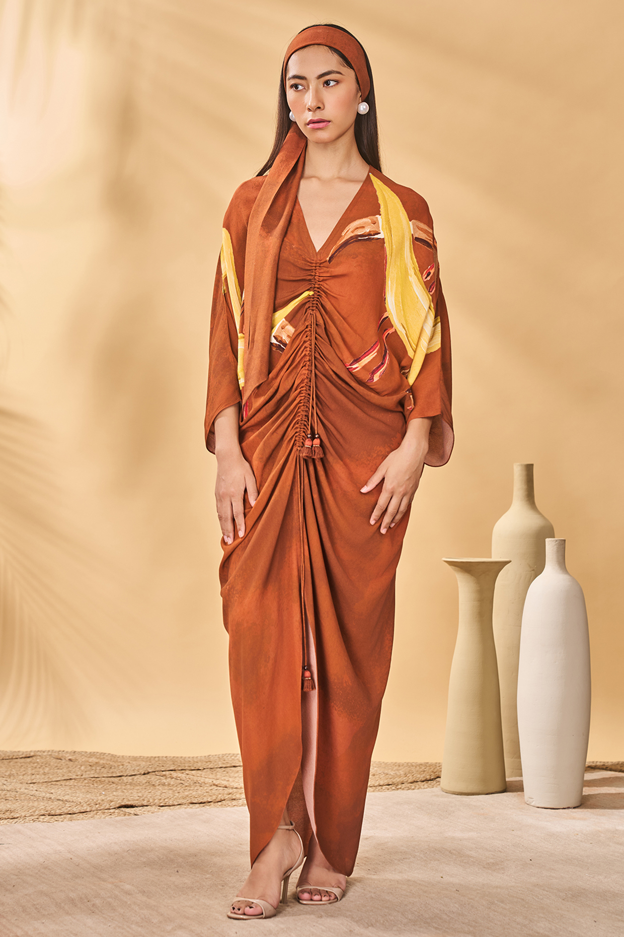 Brown Crepe Silk Printed Ruched Kaftan by Masaba at Pernia's Pop Up Shop