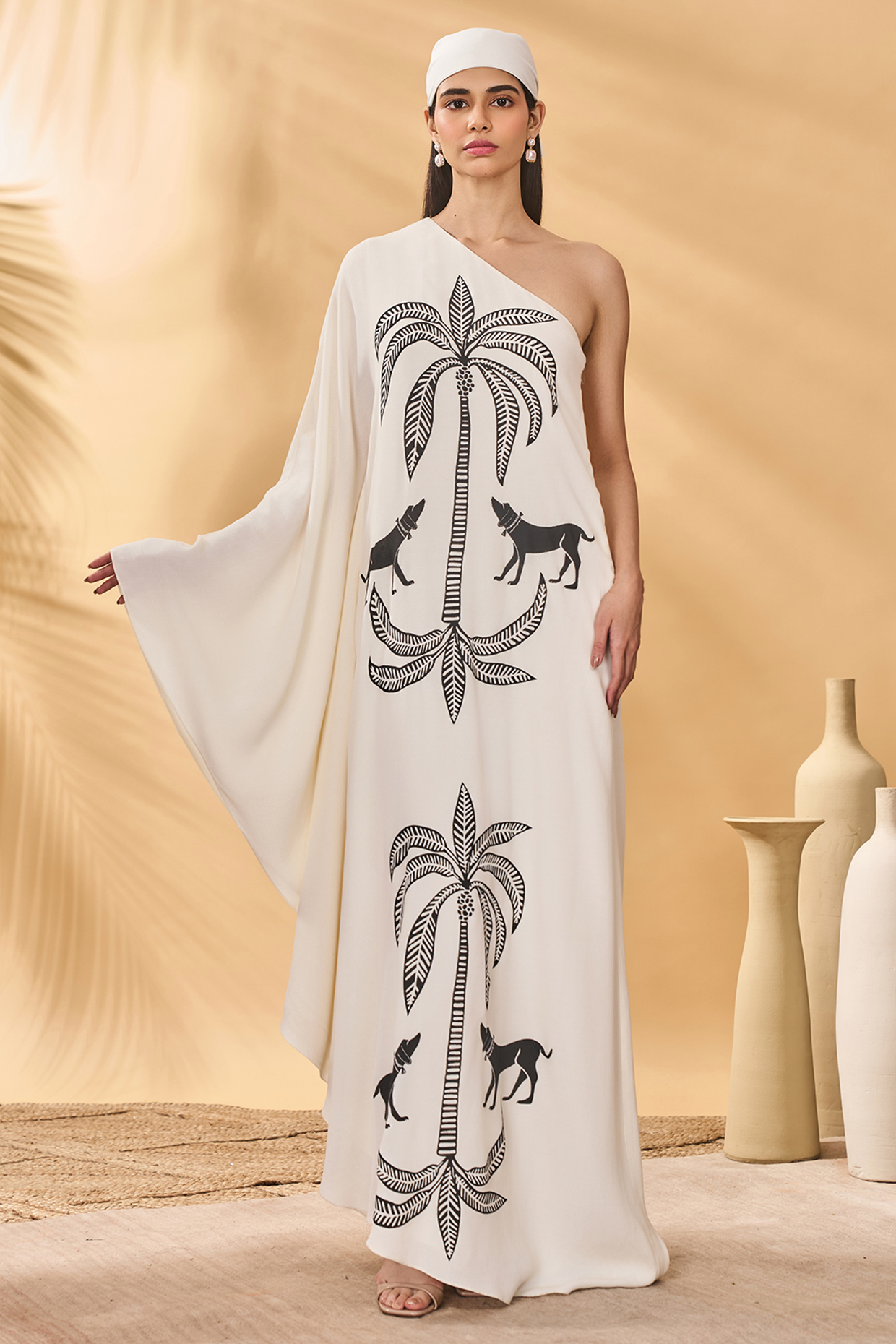 Ivory Moroccan Crepe One-Shoulder Placement Printed Kaftan by Masaba at Pernia's Pop Up Shop