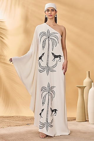 Ivory Moroccan Crepe One-Shoulder Placement Printed Kaftan by Masaba