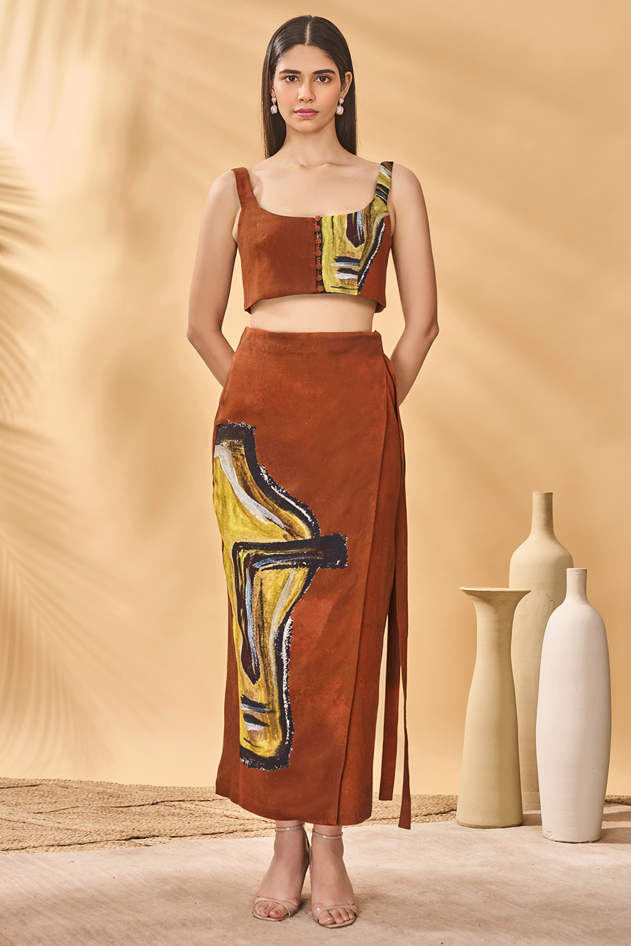 Brown Linen Placement Printed Co-Ord Set by Masaba at Pernia's Pop Up Shop